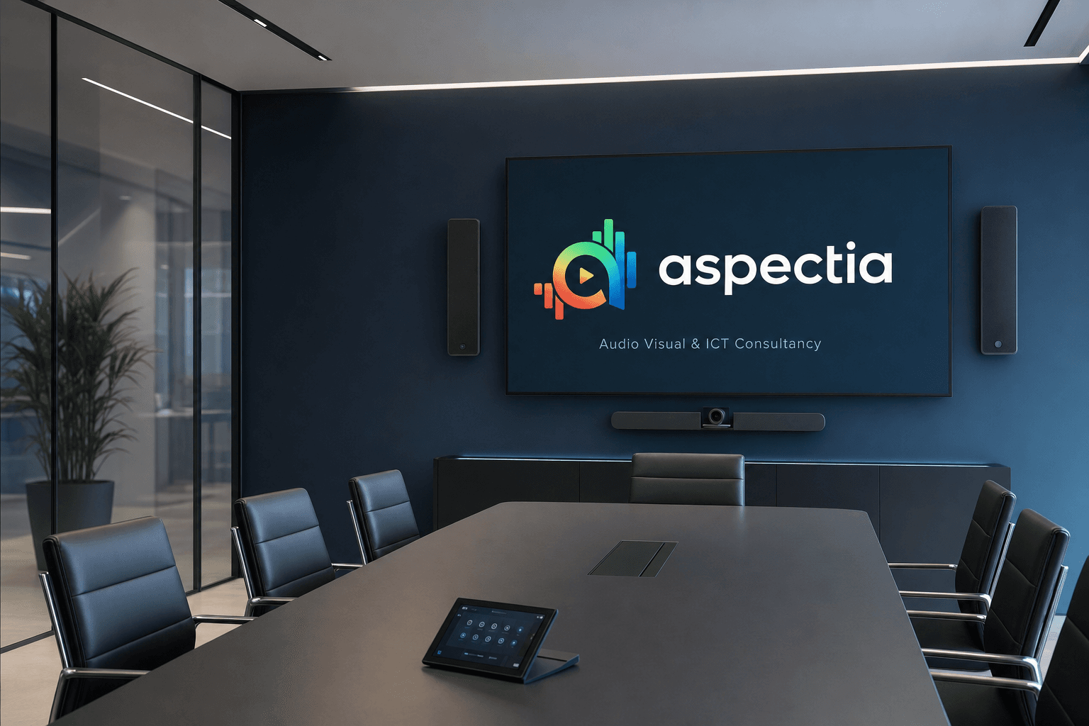 Modern boardroom with integrated AV technology and Aspectia branding, clean professional aesthetic